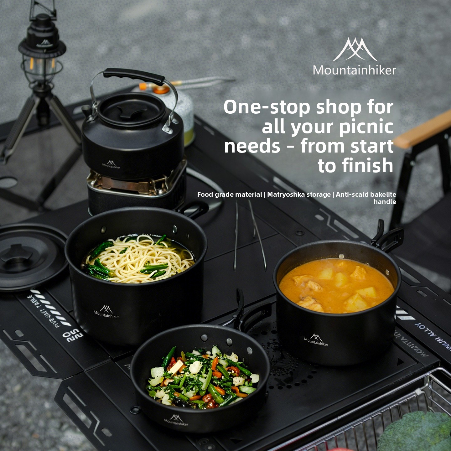 Camping Cooking Set Compact - MOUNTAINHIKER Trzy Cztery Pięcioczęściowy Zestaw Czarny